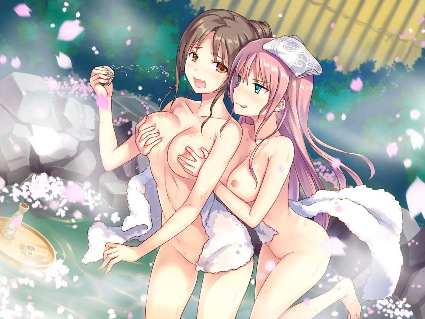 【君でずっとシコりたい】桜の花を見ながらお湯に使ってる女子達の二次温泉エロ画像