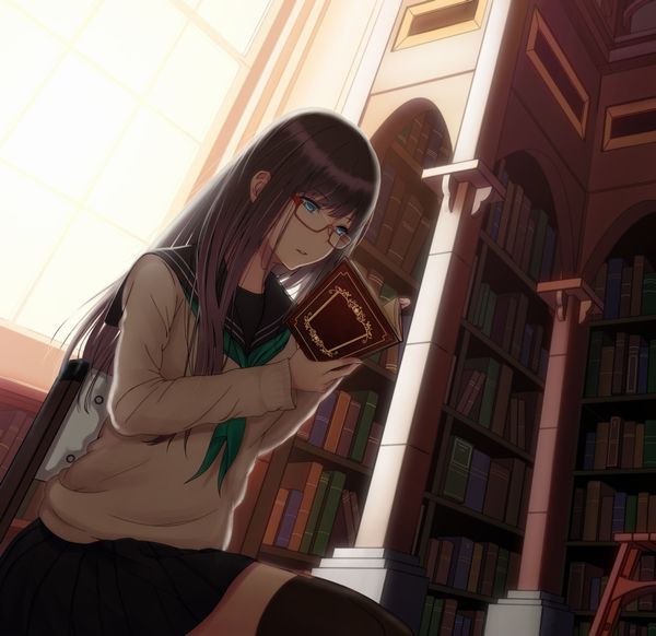 【非エロ】メガネの美少女が本を読んでる二次画像