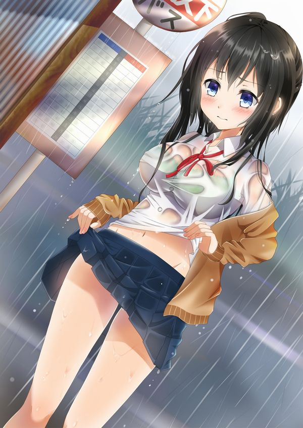 【傘が無い】雨に濡れて透けブラしてる制服女子の二次エロ画像【26】