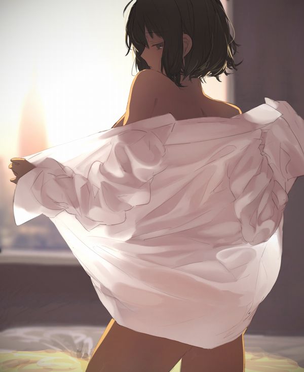 【お泊りの朝】裸ワイシャツの二次エロ画像【1】