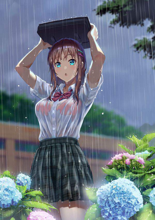 【仕方ないね】学生カバンを傘代わりに使う女子高生達の二次エロ画像【5】