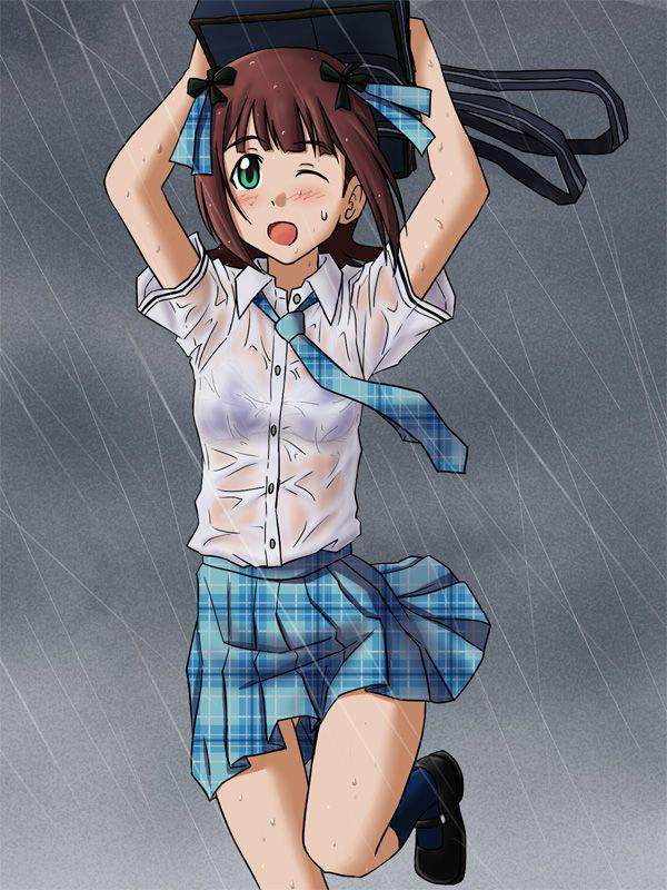 【仕方ないね】学生カバンを傘代わりに使う女子高生達の二次エロ画像【12】