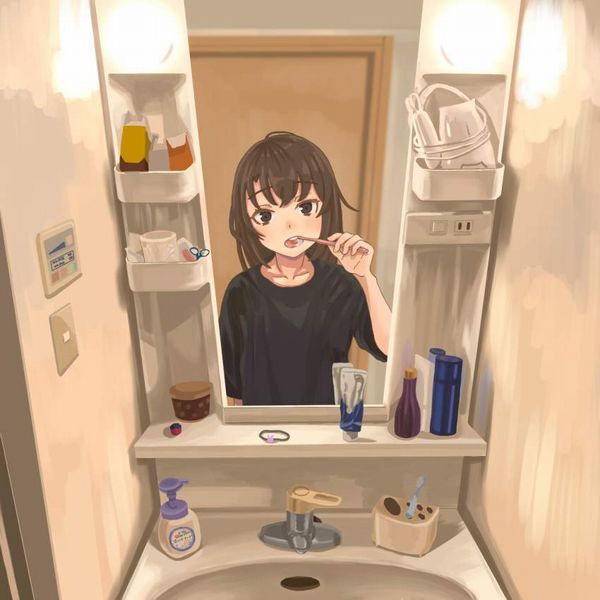 【適度に散らかってる】自宅洗面台で身支度をする女子達の二次エロ画像【3】