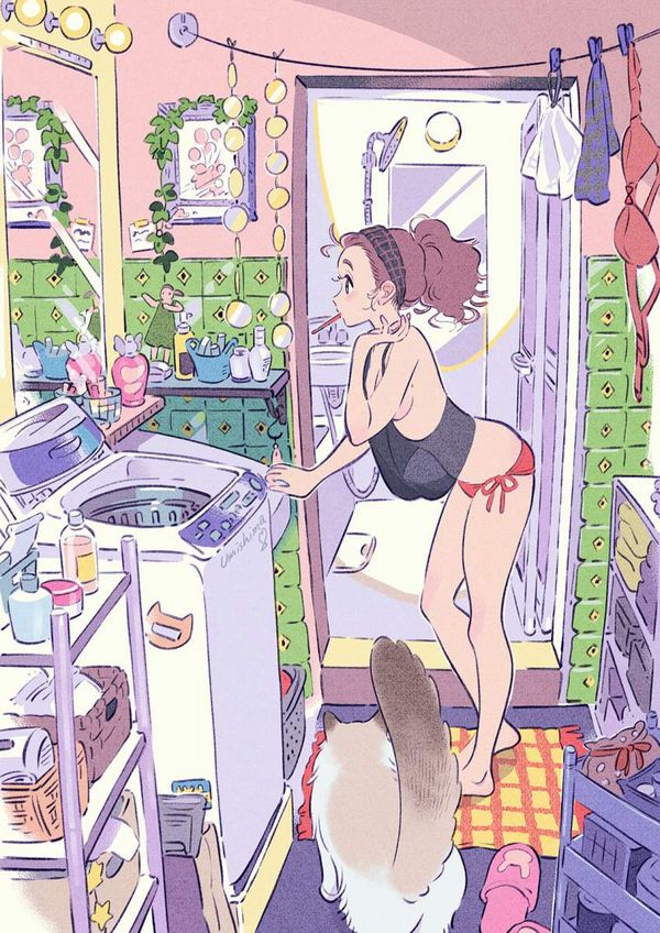 【適度に散らかってる】自宅洗面台で身支度をする女子達の二次エロ画像【29】