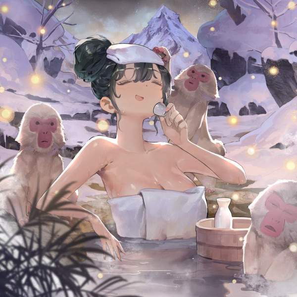 【王道スタイル】タオルを頭に乗せて温泉に浸かる女子の二次エロ画像【34】