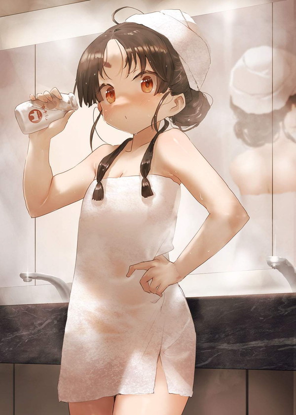 【銭湯でのお約束】ビン牛乳飲んでる風呂上り女子達の二次エロ画像【8】