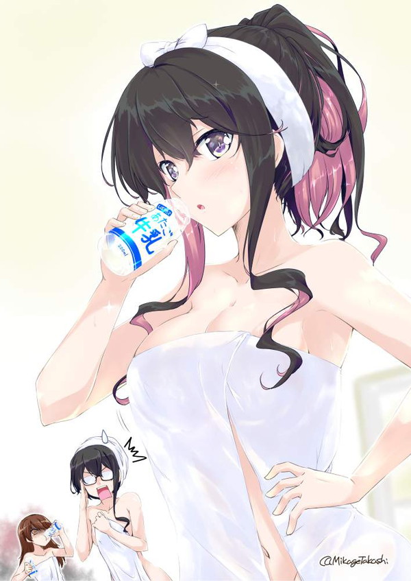 【銭湯でのお約束】ビン牛乳飲んでる風呂上り女子達の二次エロ画像【28】