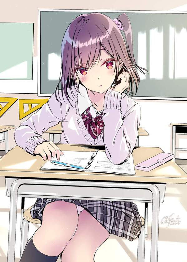 【バミューダトライアングルの日】スカートで椅子に座ってる女子の股間▽が気になる二次エロ画像【18枚目】