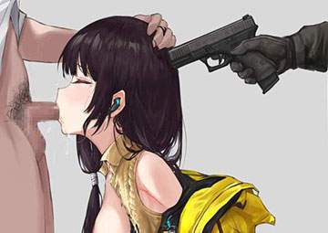 【射精と同時に撃たれそう】銃を頭に突き付けられつつフェラチオする女子達の二次エロ画像
