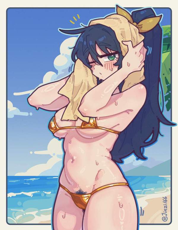 【この夏のトレンド】ビキニの上から陰毛がハミだしてる剛毛女子達の二次エロ画像【39枚目】